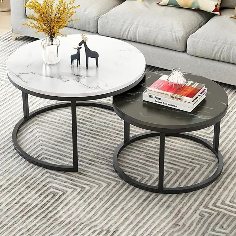 Комплект от 2 кръгли масички за кафе - бял и черен мрамор