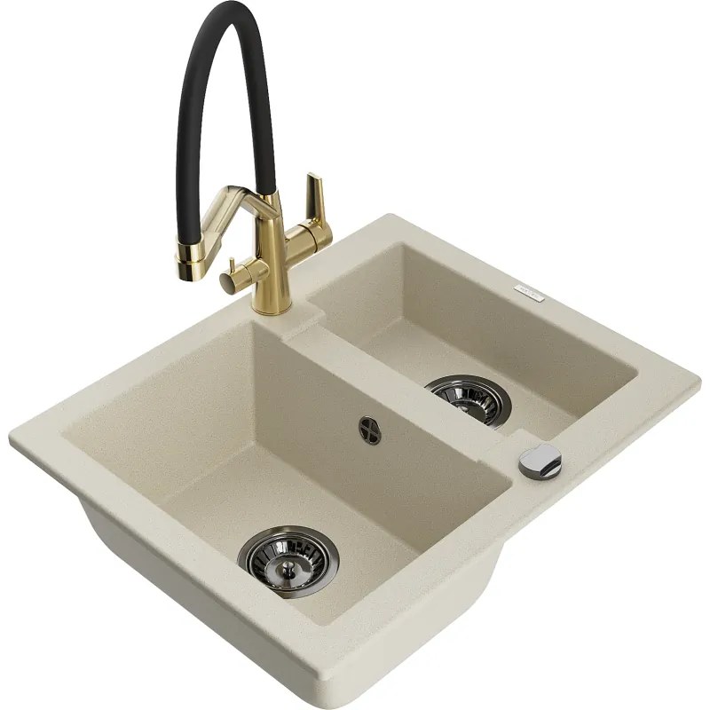 Mexen Carlos гранитна мивка с 1,5 камери с кухненска батерия Duo, бежова - 6518-69-671701-57-B