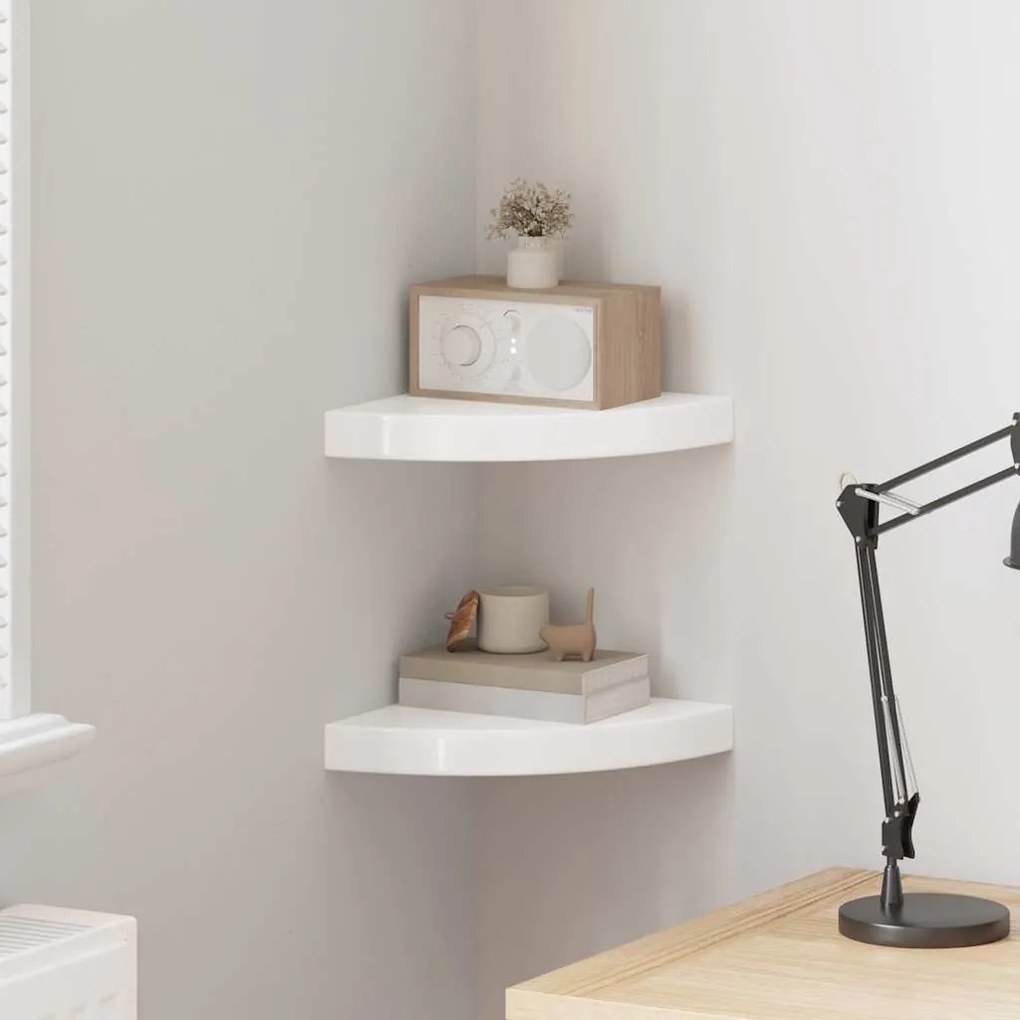 323887 vidaXL Плаващи ъглови рафтове, 2 бр., бяло, гланц, 25x25x3,8 см, MDF