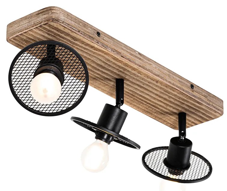 Индустриален таванен прожектор черен с дърво 3-светлина - Jasmine