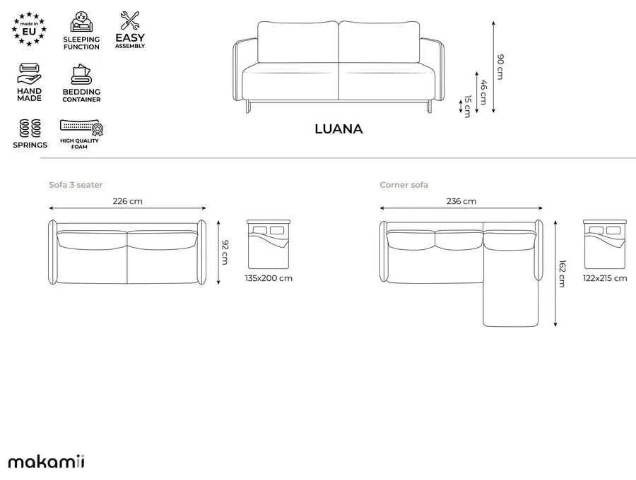 Зелен разтегателен ъглов диван с място за съхранение (ляв ъгъл) Luana – Makamii