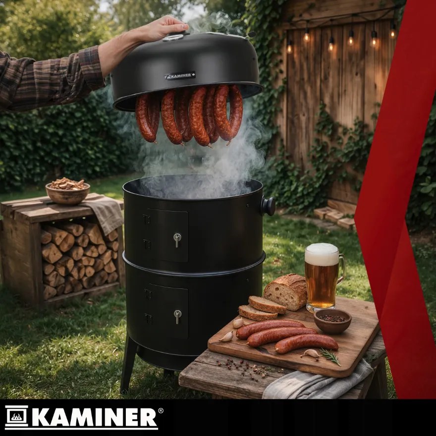 Градинска скара на дървени въглища с пушилня 3 в 1