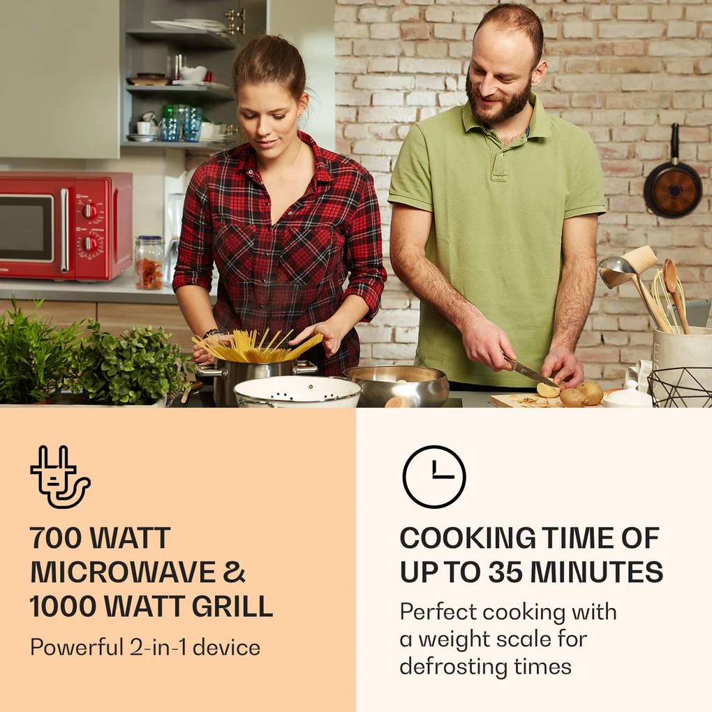 Klarstein Caroline, микровълнова фурна, 20 л, 700/1000 W, Ø 25.5 см, QuickSelect, ретро, червено