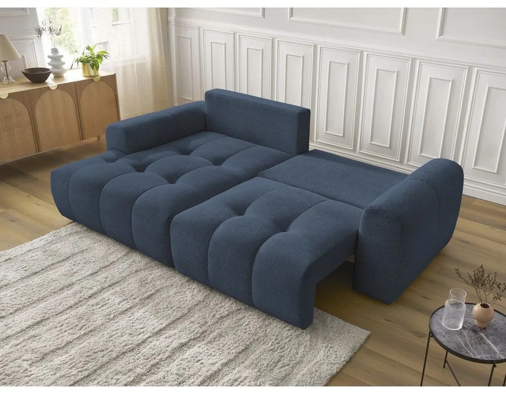 Син шенилов разтегателен ъглов диван с място за съхранение (ляв ъгъл) Roxelane – Bobochic Paris