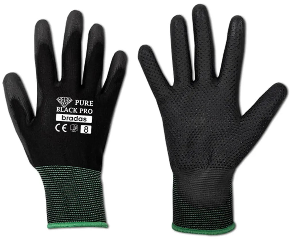 Ръкавици Bradas PURE BLACK PRO PU полиуретанови с PVC точки, размер 9
