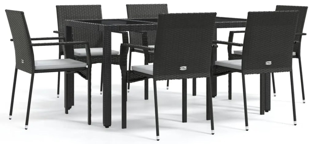 3184978 vidaXL Градински трапезен комплект 7 части възглавници черен полиратан