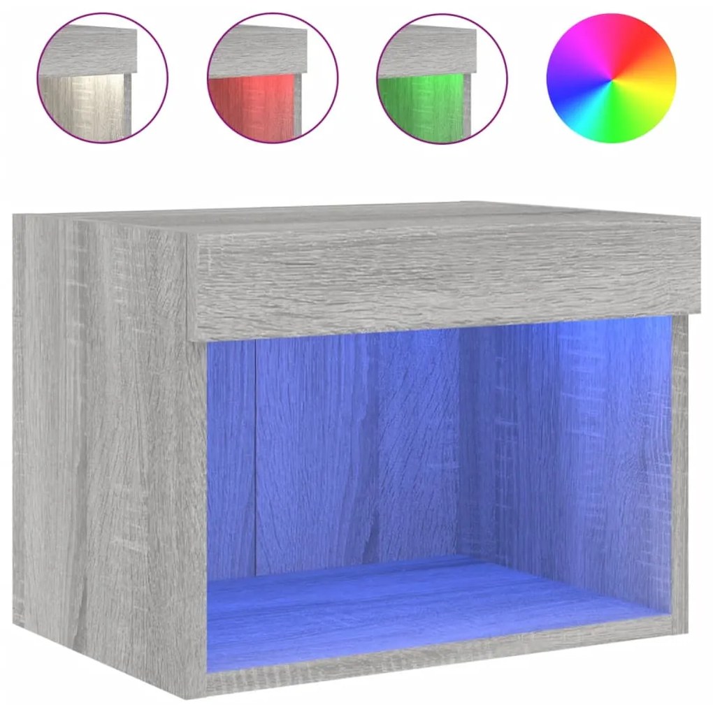 837123 vidaXL Нощно шкафче с LED осветление, сив сонома, за стенен монтаж