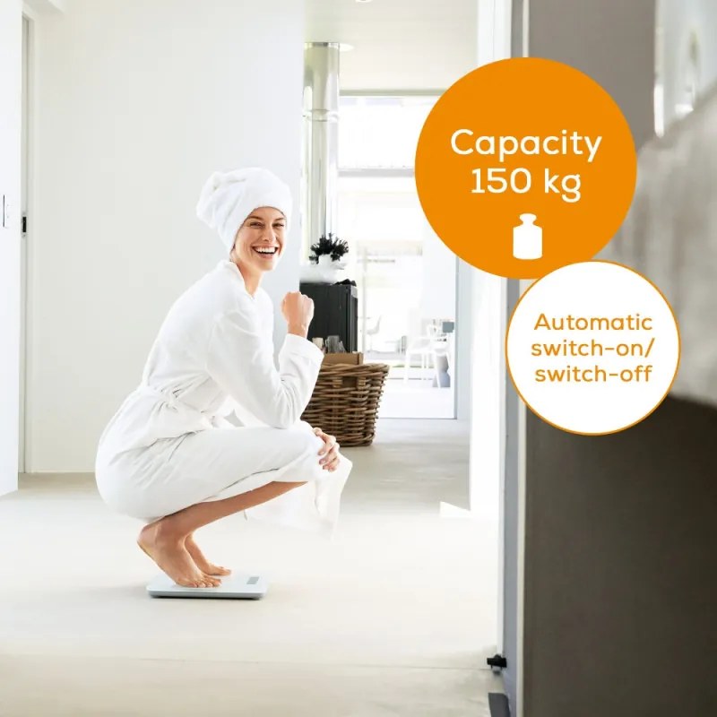 Кантар Beurer GS 120 Kompakt, До 150 кг, LCD, Автоматично вкл/изкл, Големи цифри, Задържане на показанията, Бял