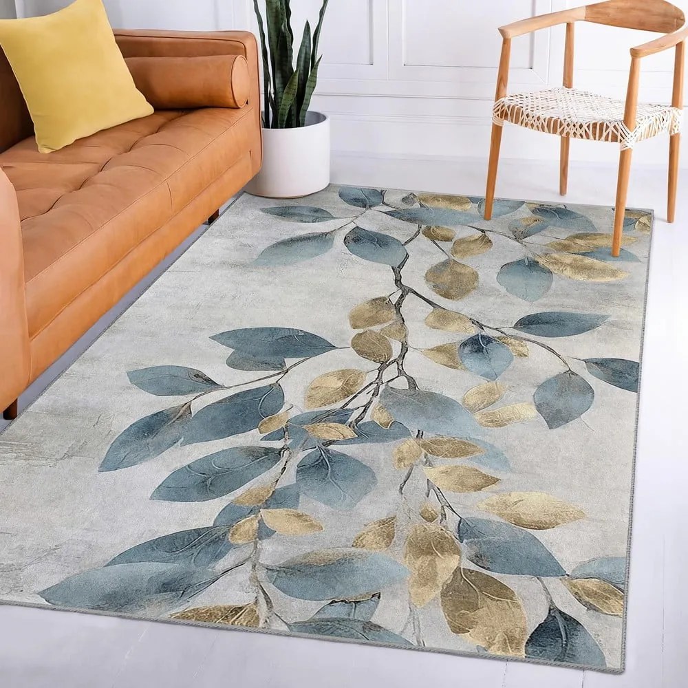 Светлосиньо-златист килим подходящ за пране 120x180 cm Golden Leaves – Mila Home