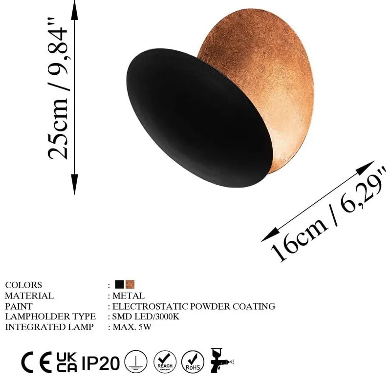 Черна/в меден цвят LED стенна лампа ø 25 cm Yosma – Opviq lights