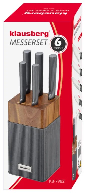 Комплект ножове Klausberg KB 7982, 6 части, Неръждаема стомана, Стойка от акациево дърво, Графит/кафяв