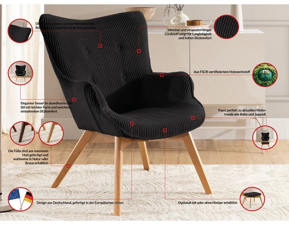 Черен фотьойл с табуретка от рипсено кадифе Niko – Ropez