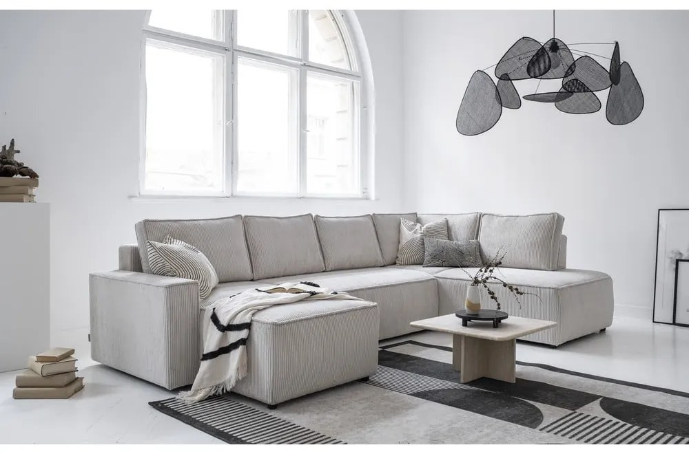 Бял разтегателен ъглов диван от рипсено кадифе (десен ъгъл/"U" форма) Brave Dave – Miuform