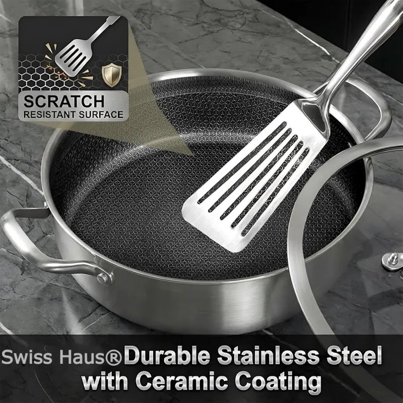Плитка тенджера Swiss Haus SH-ZGLC24, 24 см, 2.9 л, Sapphire-керамично покритие, Стъклен капак, Фурна до 260C, Индукция, Сребрист
