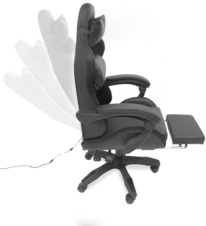 LED геймърски стол със сгъваема поставка за крака и функция за масаж - черен