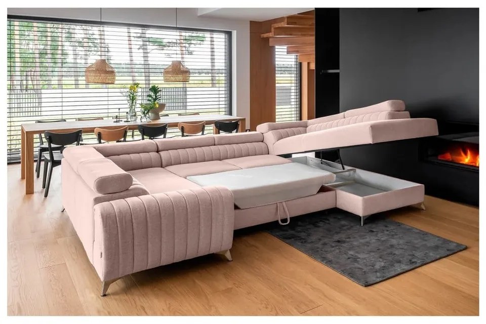 Розов сгъваем/с място за съхранение ъглов диван (десен ъгъл/U форма) Louis – ELTAP