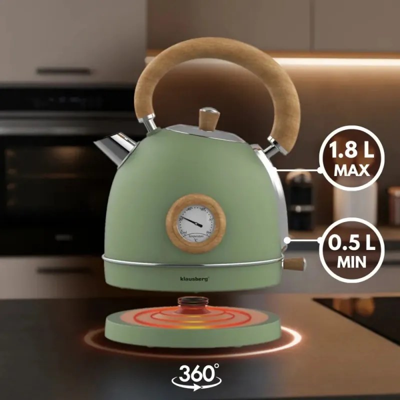 Електрическа кана-чайник Klausberg KB 9008, 2200W, 1.8 л, 360° основа, Индикатор ниво вода, Термометър, Зелен