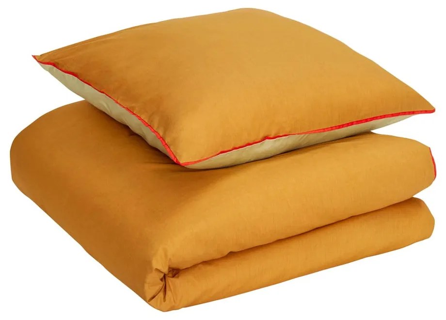 Оранжево и зелено памучно спално бельо Line, 140 x 200 cm - Hübsch