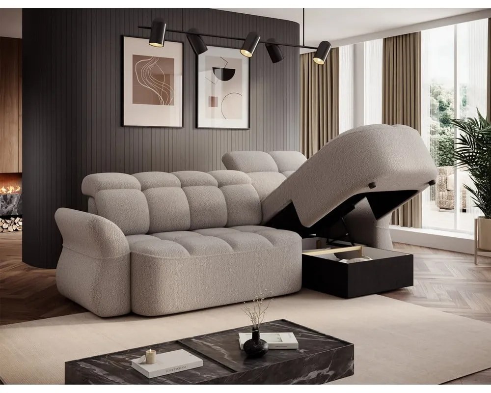 Бежов сгъваем/с място за съхранение ъглов диван от прежда с примки от букле (десен ъгъл) Beneth – ELTAP