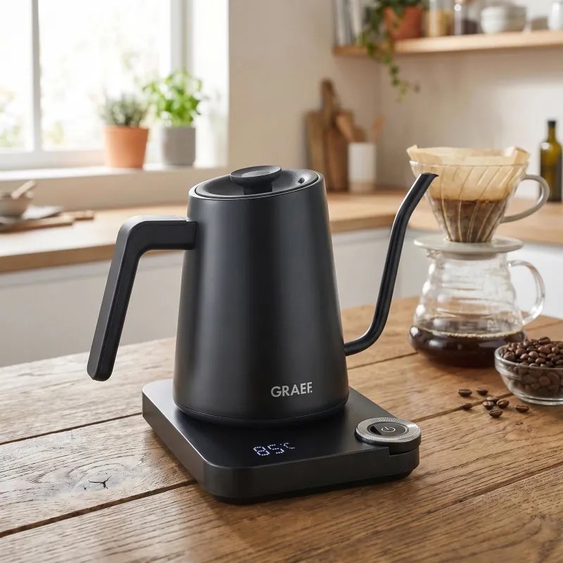 Електрическа кана за вода Graef Pour-over GK502, 1200W, 900 мл, 40-100°C, Keep Warm, Филтър, Чучур тип "Лебедова шия", Черен мат