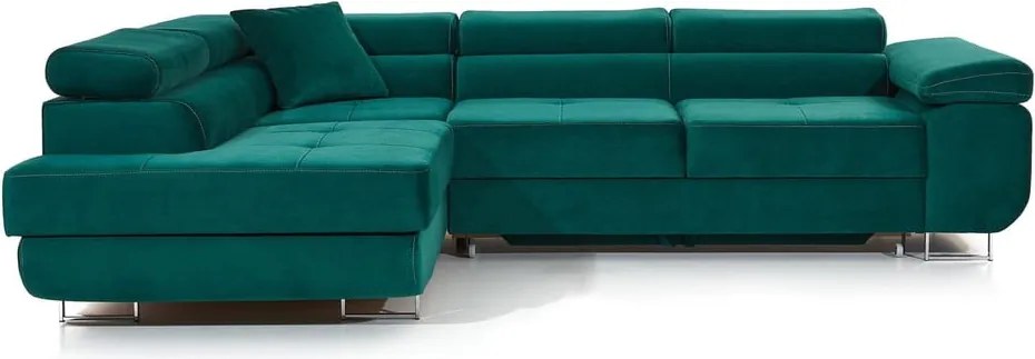 Зелен кадифен разтегателен ъглов диван с място за съхранение (ляв ъгъл L форма) Anton – ELTAP