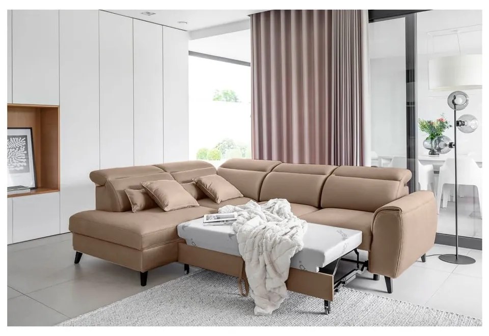 Светлокафяв кадифен разтегателен ъглов диван с място за съхранение (ляв ъгъл L форма) Noble – ELTAP
