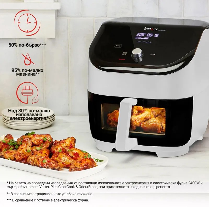 Фритюрник с горещ въздух Instant Pot Vortex Plus Clearcook 140319601, 1700W, 5.7 л, 6 програми, 35-205C, Вътрешно осветление, Бял
