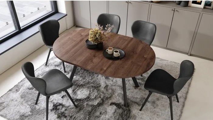 АЛМО Дъб Кафяв/черни крака - КРЪГЛА РАЗТЕГАТЕЛНА МАСА С Y-ОБРАЗНИ КРАКА В ЛОФТ/ИНДУСТРИАЛЕН СТИЛ ЗА ХОЛ ИЛИ ТРАПЕЗАРИЯ