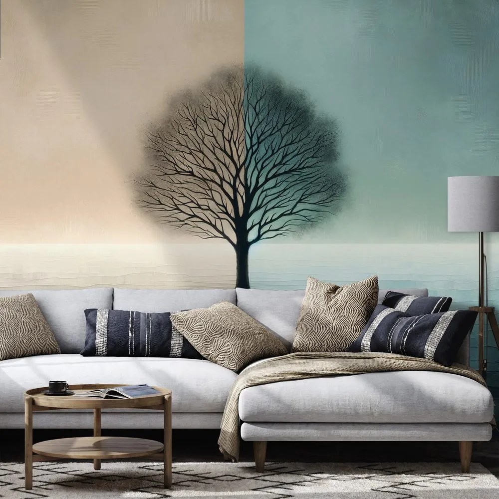 Тапет – Дървото на живота в синьо-бежов контраст