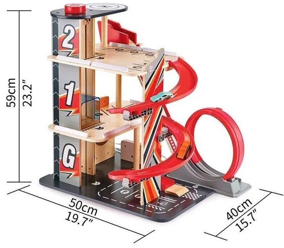 Дървен комплект, Hape, Състезателна каскадна писта с гараж, 3 части