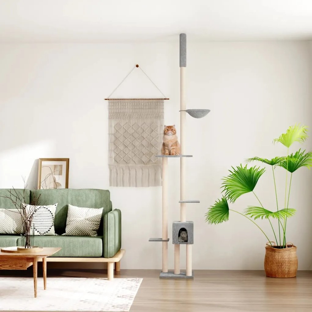 171718 vidaXL Котешко дърво тип "от пода до тавана" светлосиво 258,5-284,5 см