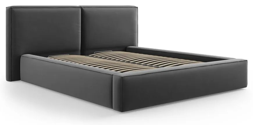Тъмносиво тапицирано кадифено двойно легло с място за съхранение с включена подматрачна рамка 200x200 cm Arendal – Cosmopolitan Design