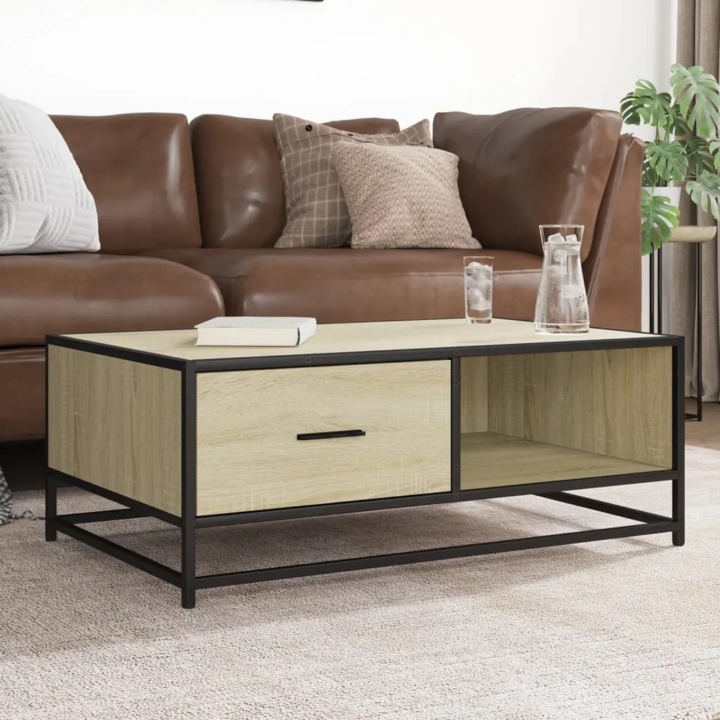 848755 vidaXL Кафе маса, сонома дъб, 90x57x35 см, инженерно дърво и метал