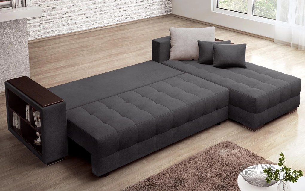 Разтегателен ъглов диван с подлакътник етажерка Мелвин Спринг