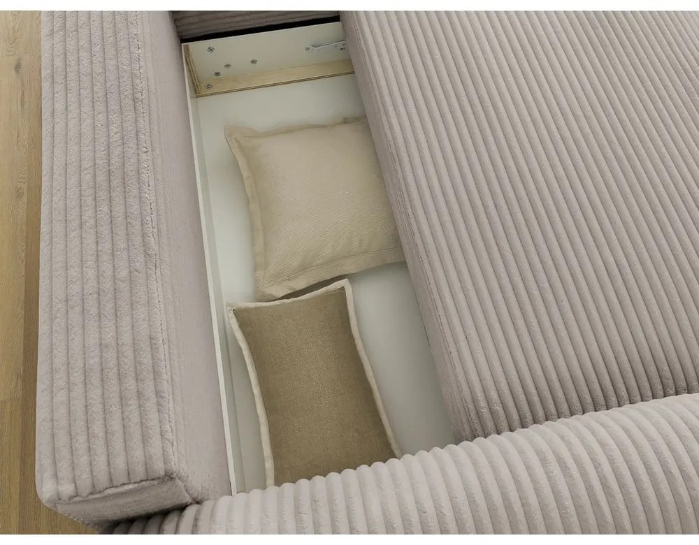 Светлосиво-бежов разтегателен ъглов диван от рипсено кадифе (десен ъгъл) Lucien – Bobochic Paris