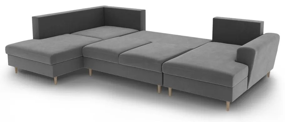 Светлосив кадифен разтегателен ъглов диван с място за съхранение (ляв ъгъл/U форма) Kyoto – Cosmopolitan Design