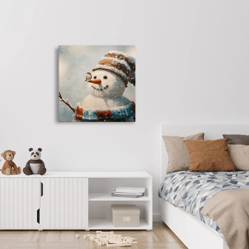 Картина на платно Коледна – Снежен човек и приятел врабче