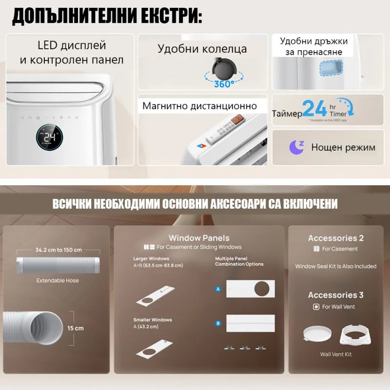 Мобилен климатик Dreo 515S, 1500W, 20-30 м2, 12000 BTU, Охлаждане, Вентилатор, Изсушаване, Гласови команди, LED, Бял
