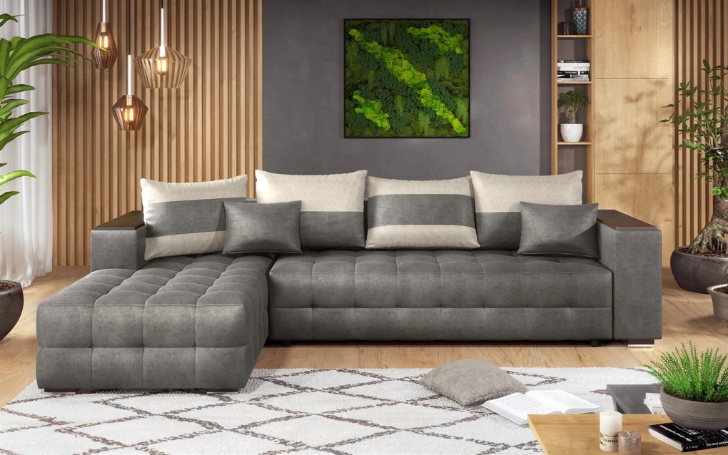 Разтегателен ъглов диван с подлакътник етажерка Мелвин