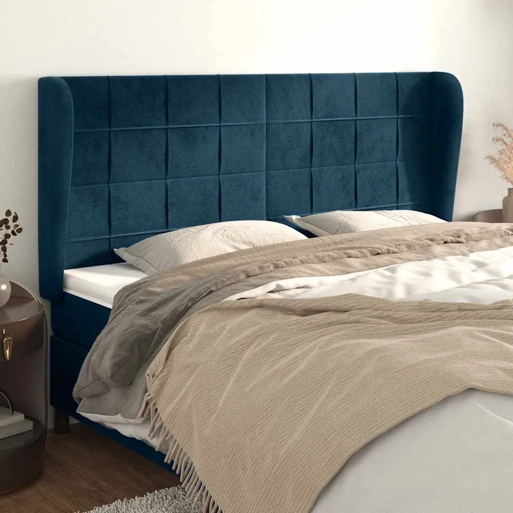 3118020 vidaXL Горна табла за легло с уши, тъмносиня, 183x23x118/128 см кадифе