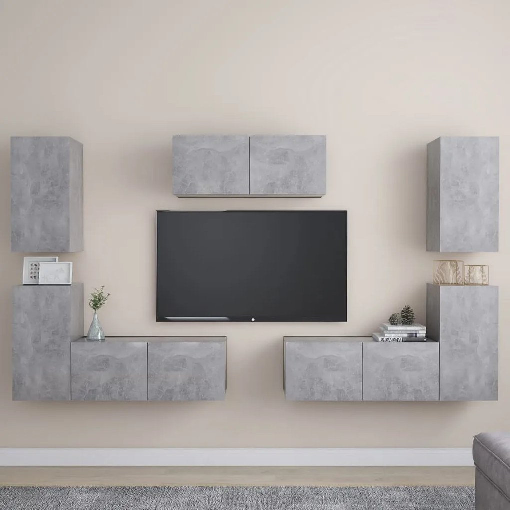 3079092 vidaXL Комплект ТВ шкафове от 7 части, бетонно сиви, инженерно дърво