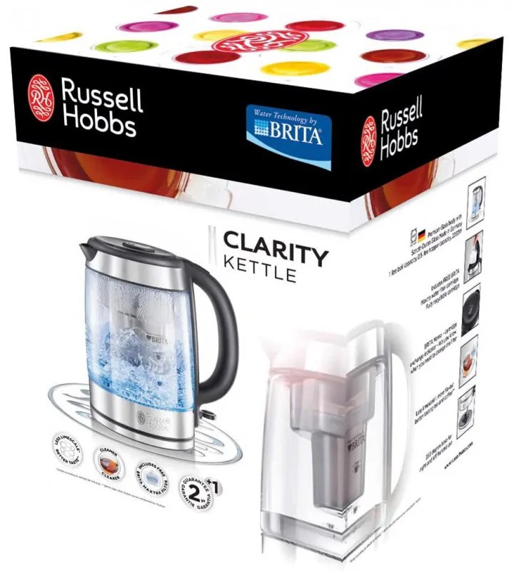 Стъклена електрическа кана с филтър Russell Hobbs Clarity 20760-57, 2200W, 1L, Осветена, Скрит нагревател, SCHOTT DURAN, Филтър BRITA, Инокс