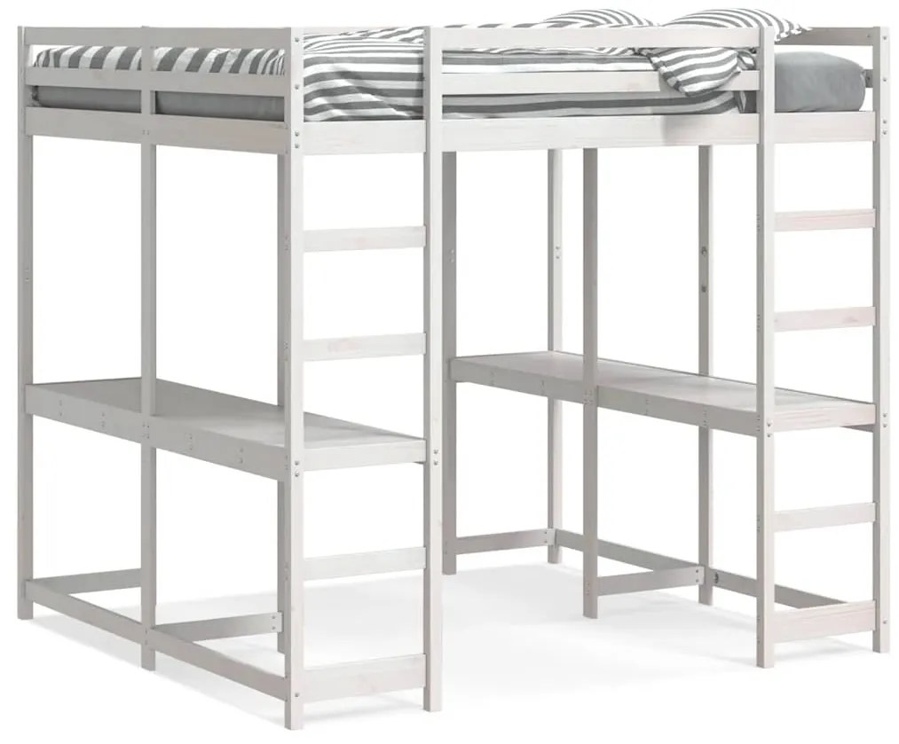 3284237 vidaXL Таванско легло с бюро и стълба бяло 140x200 см бор масив