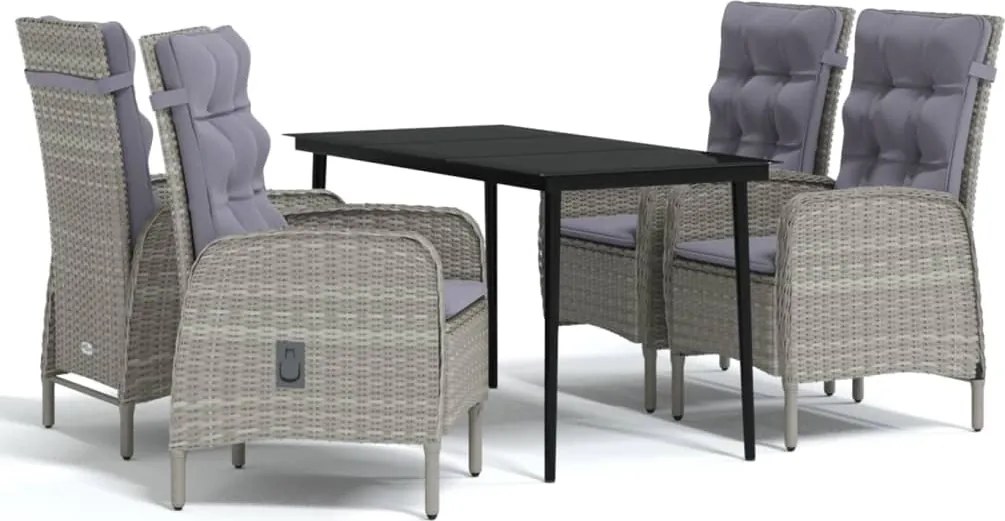 3099373 vidaXL Градински трапезен комплект с възглавници 5 части, сиво и черно