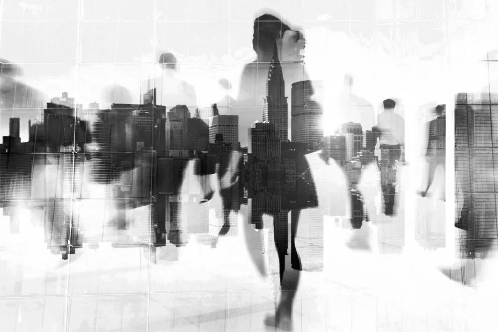 Картина на платно – Силуети на хора в големия град в черно-бяло изпълнение