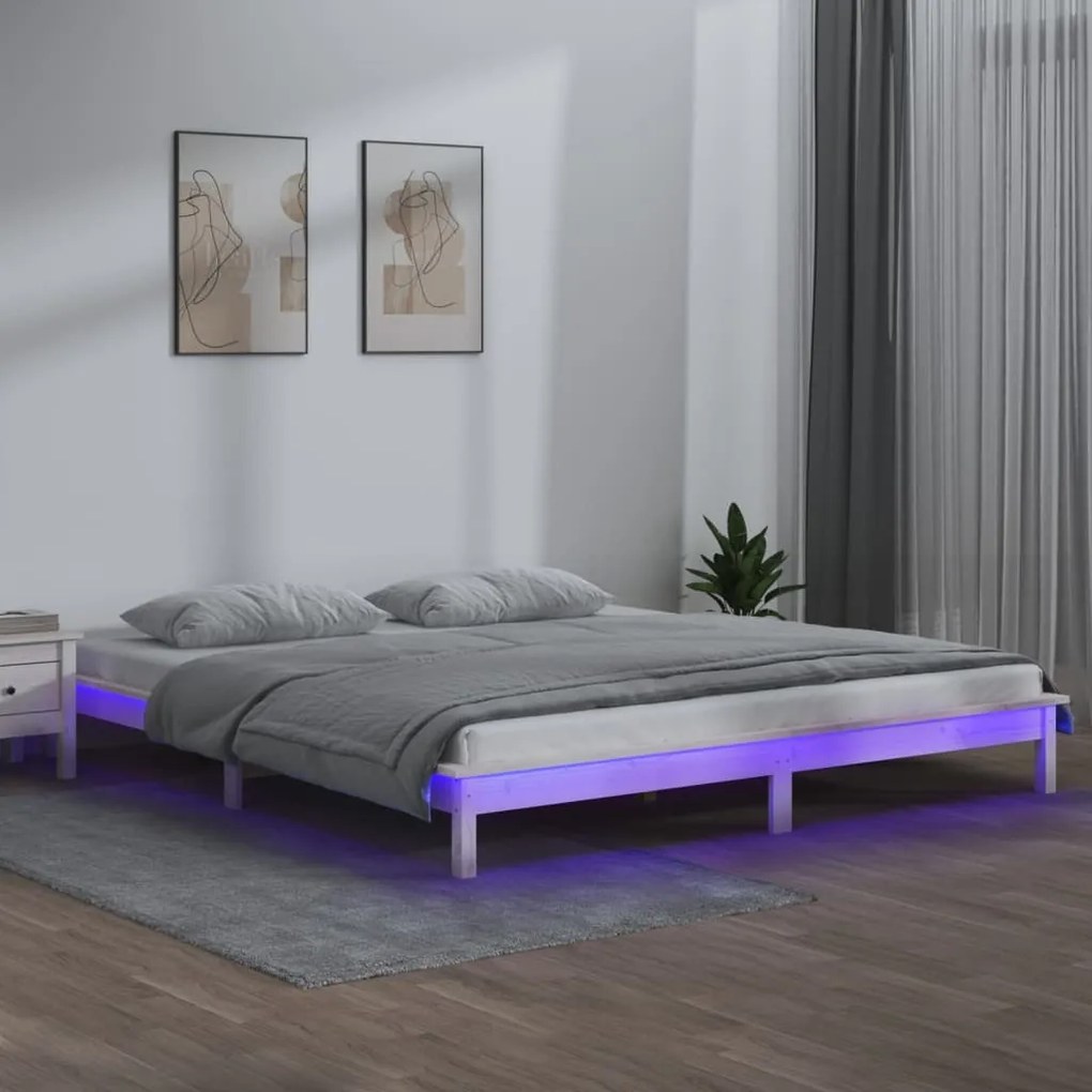 820642 vidaXL LED рамка за легло бяла 120x190 см Small Double масивно дърво