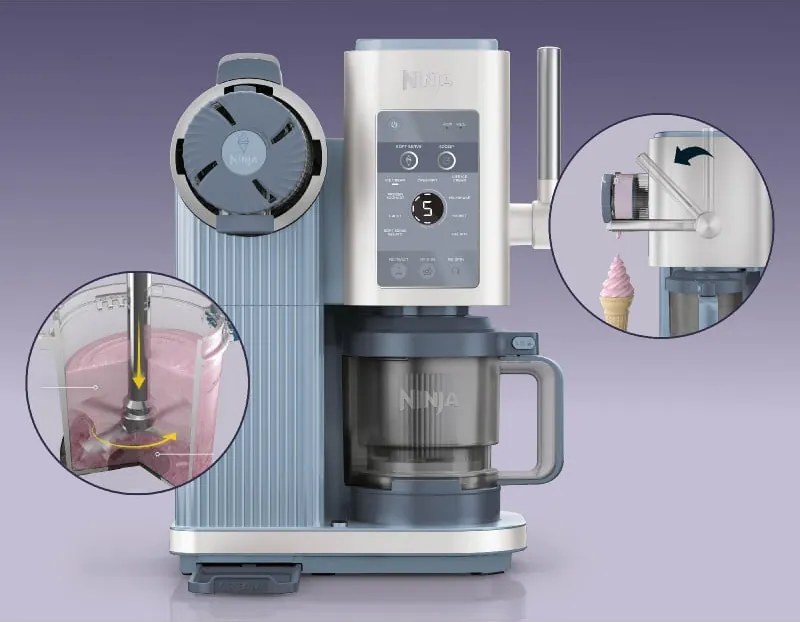 Машина за сладолед 13-в-1 Ninja CREAMi Scoop & Swirl™ NC702EU, 800W, 13 програми, 3-степенен лост за фунийки, CreamiFit, Creamify, 2 купички 473 мл, Персонализация, Син/Сив