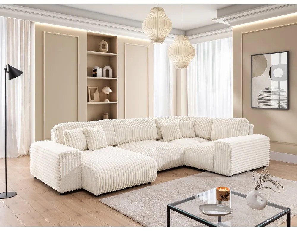 Кремав ъглов диван от рипсено кадифе (десен ъгъл/U форма) Justin – Ropez