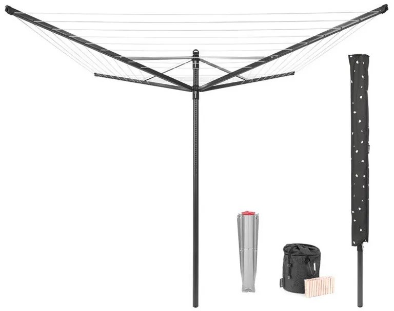 Външен простор Brabantia Lift-O-Matic 1003467, 50 м, Регулируема височина, Метален шиш за вкопаване, Калъф, Торба с щипки, Резистентен на корозия, Черен