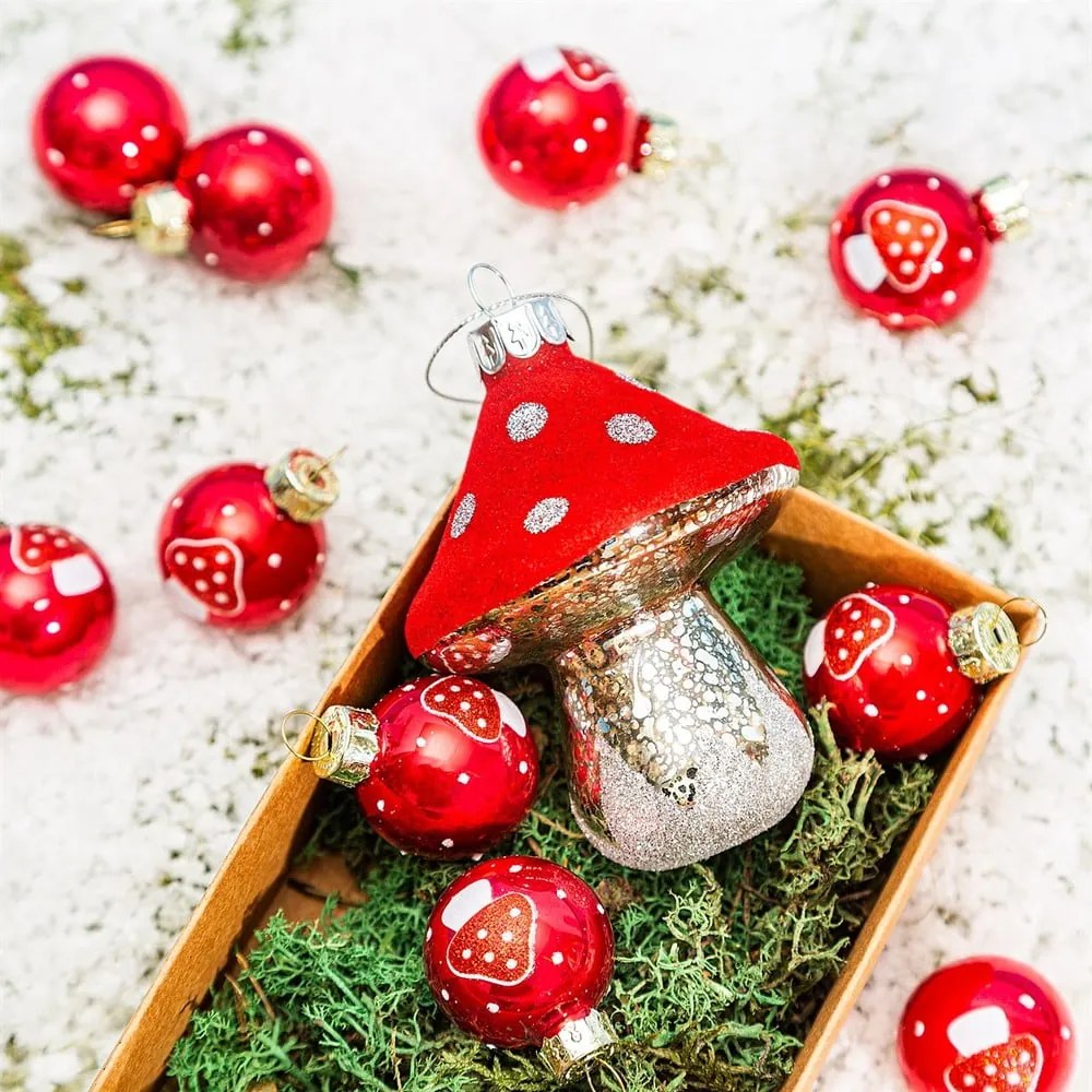 Стъклени ръчни изработени коледни топки в комплект от 12 бр. ø 3 cm Mushroom Mini – Sass & Belle